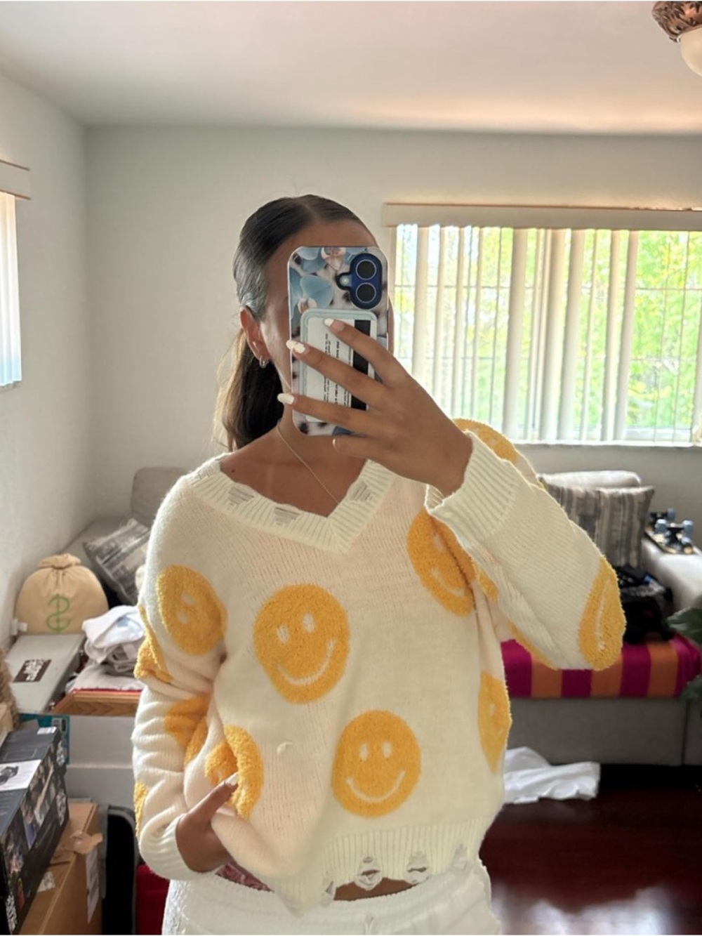 Altar'd State V-Neck Sweater with Yellow Smiley Faces
